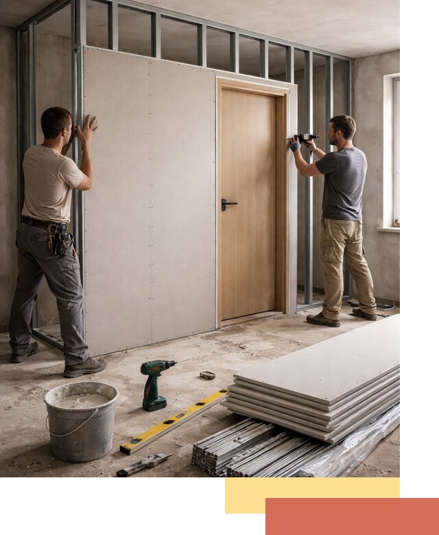 Перегородка из гипсокартона с дверью под ключ в Урае