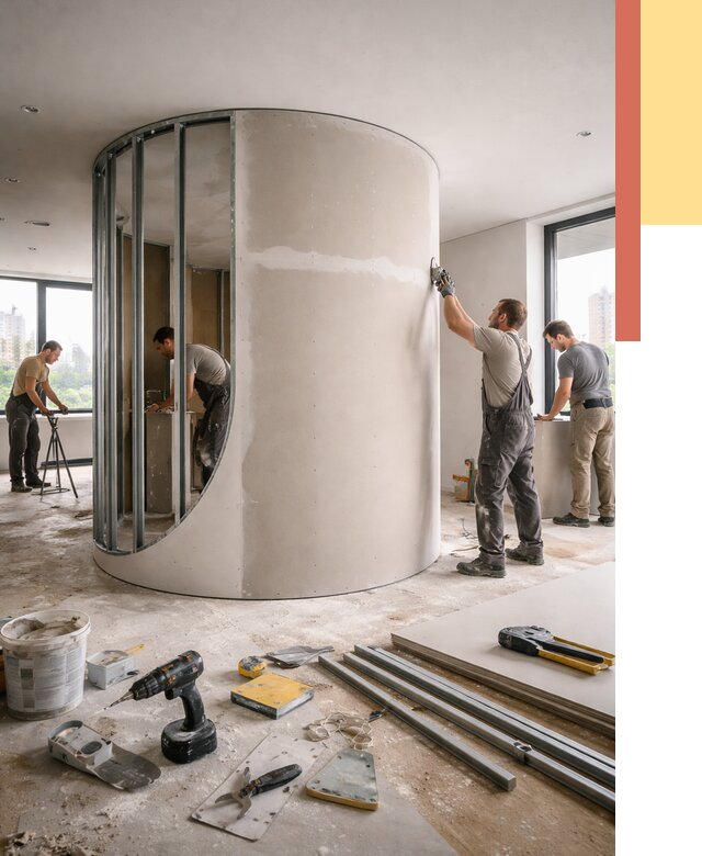 Радиусная перегородка из гипсокартона в Урае от 3022 руб. под ключ | ОТДЕЛОЧНИК-Урй