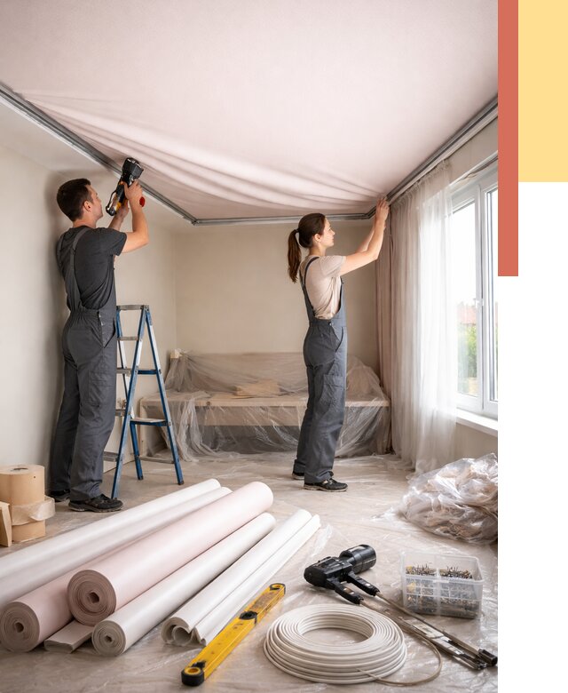 Монтаж цветного натяжного потолка в Урае от 4377 руб/м² — быстро и недорого | ОТДЕЛОЧНИК-Урй