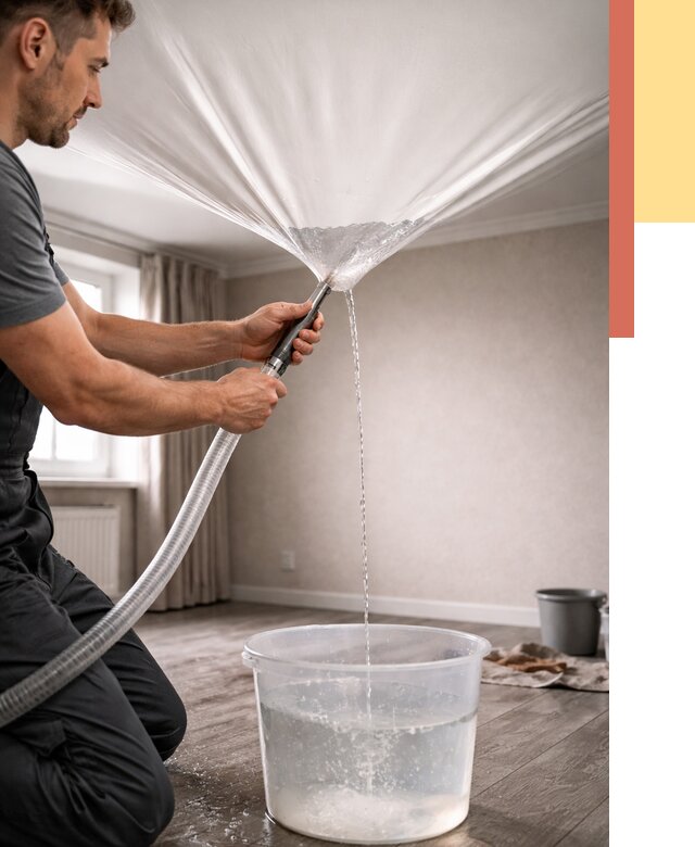 Слив воды с натяжного потолка в Урае от 2605 руб. быстро и недорого | ОТДЕЛОЧНИК-Урй