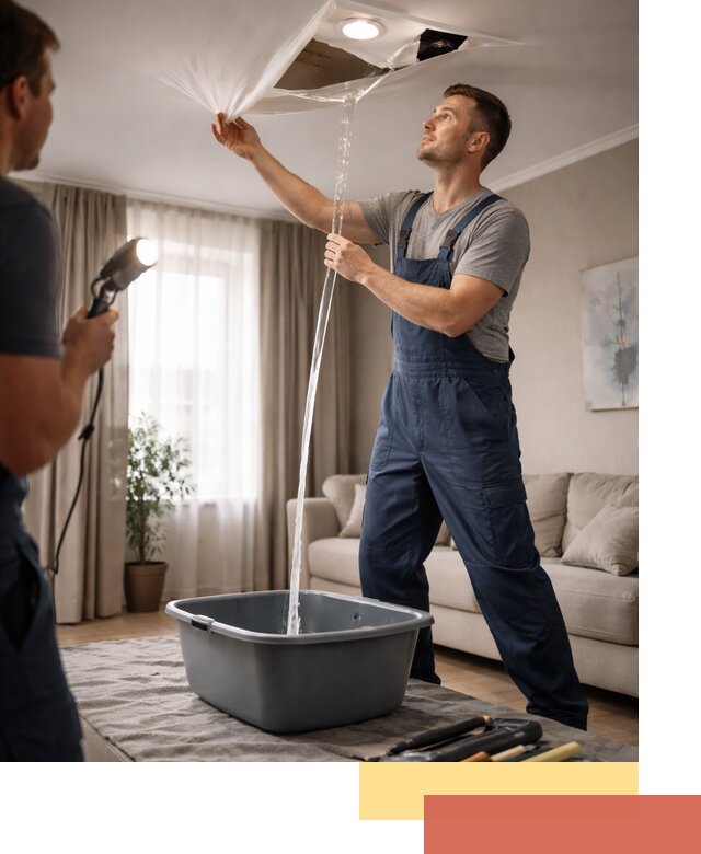 Слив воды с натяжного потолка в Урае быстро и аккуратно